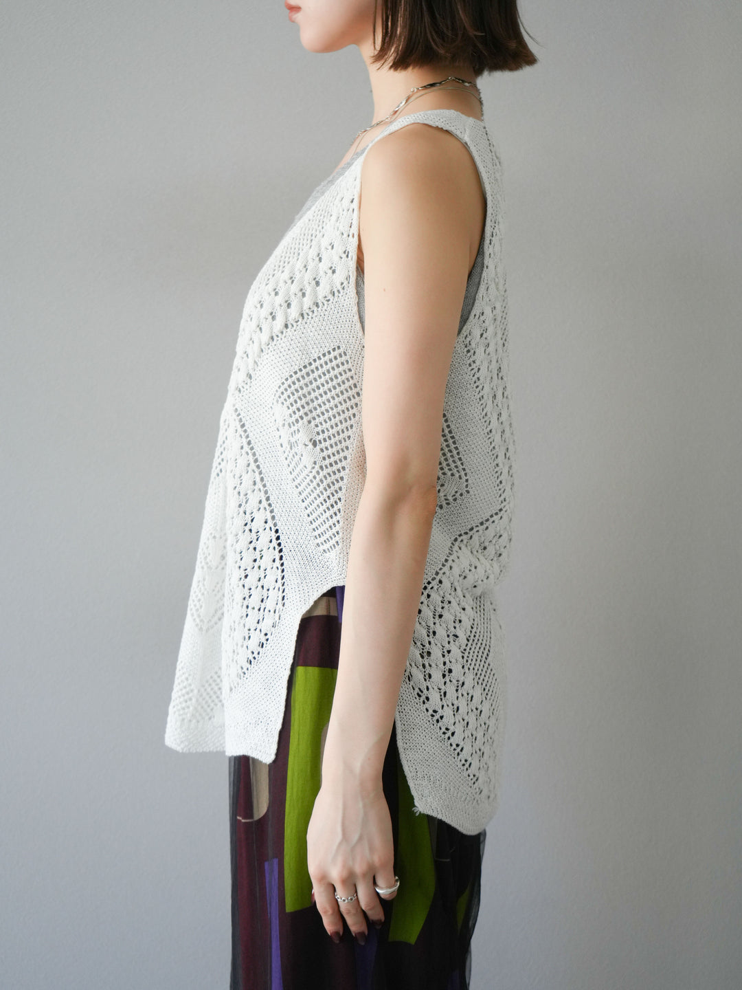 [予約]透かし編みレイヤードニットトップス/ホワイト