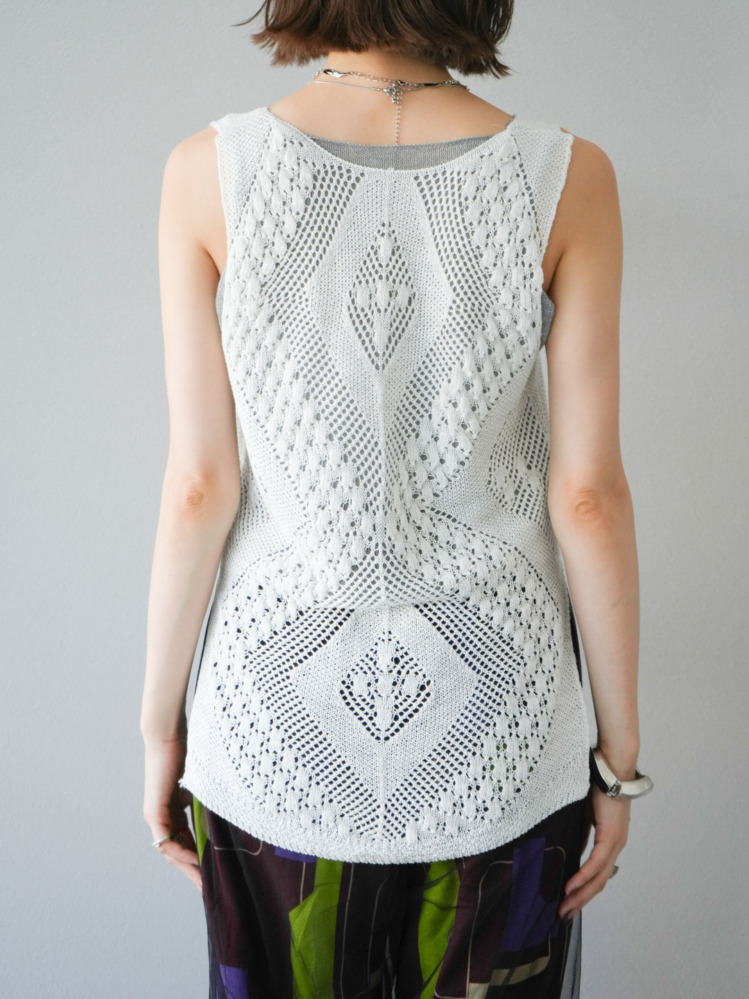 [予約]透かし編みレイヤードニットトップス/ホワイト