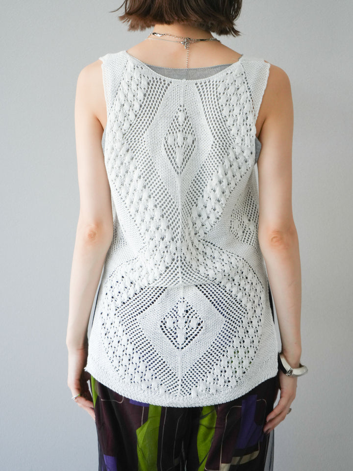 [予約]透かし編みレイヤードニットトップス/ホワイト