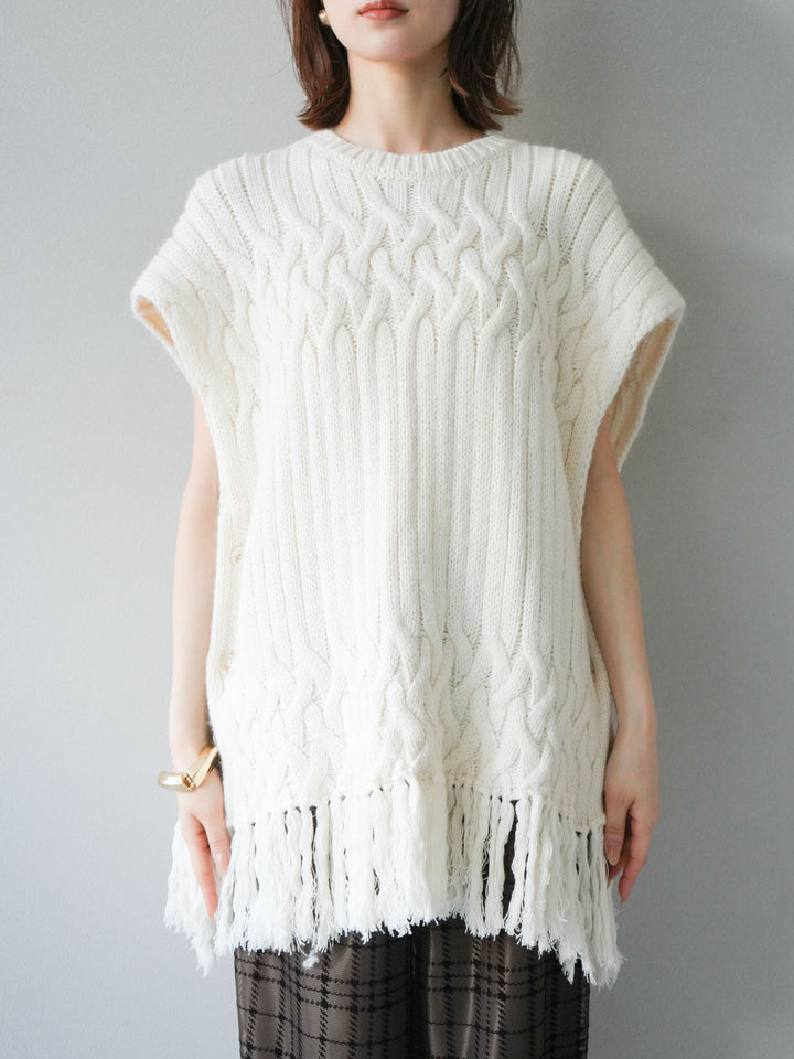 [予約]ケーブルニットフリンジベスト/ベージュ