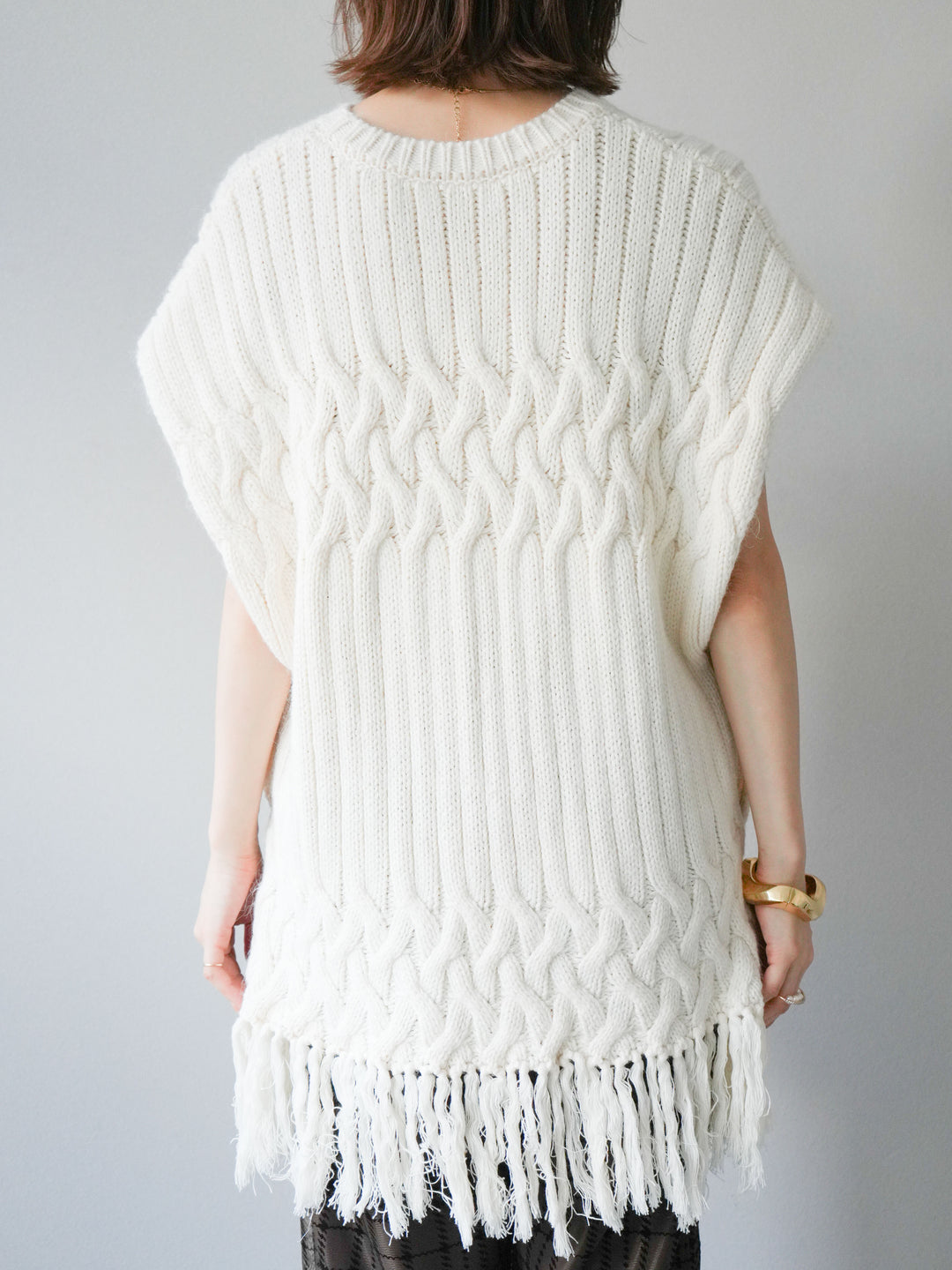 [予約]ケーブルニットフリンジベスト/ベージュ