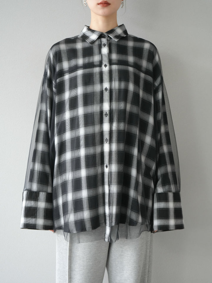 [予約]チュールドッキングチェック柄オーバーサイズシャツ/ブラック