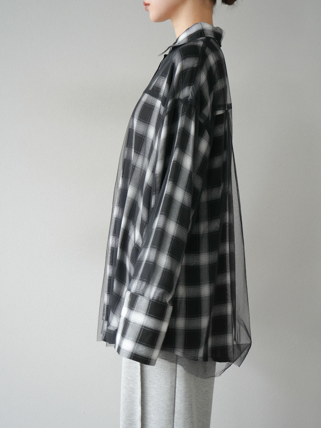 [予約]チュールドッキングチェック柄オーバーサイズシャツ/ブラック