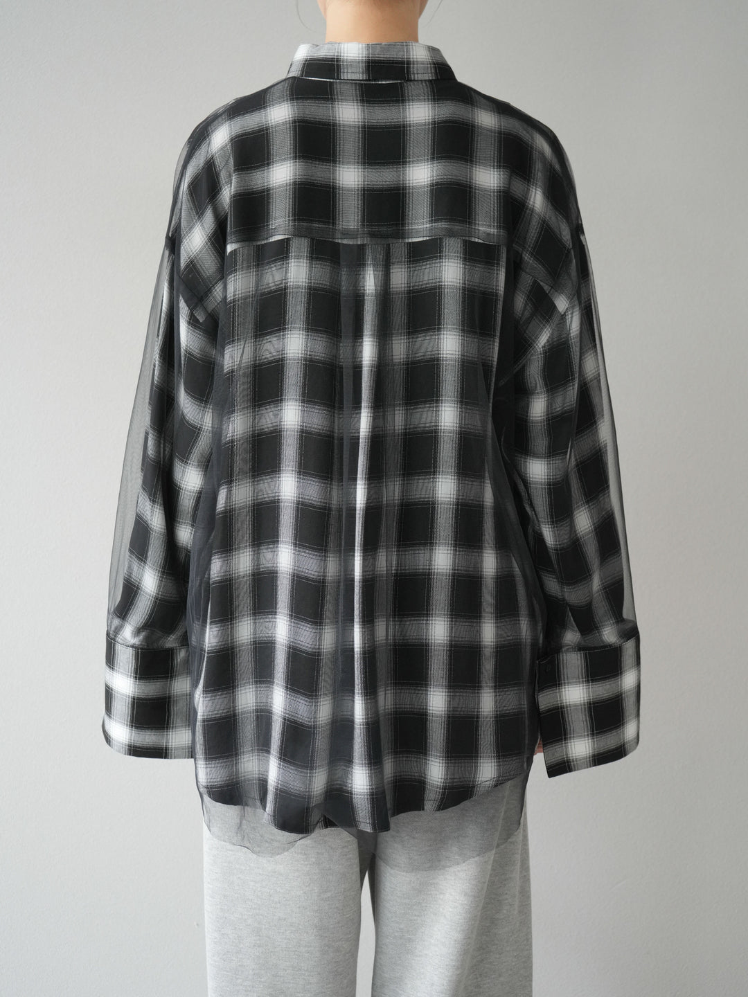 [予約]チュールドッキングチェック柄オーバーサイズシャツ/ブラック