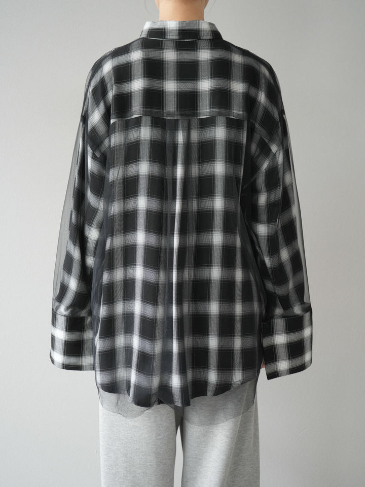 [予約]チュールドッキングチェック柄オーバーサイズシャツ/ブラック