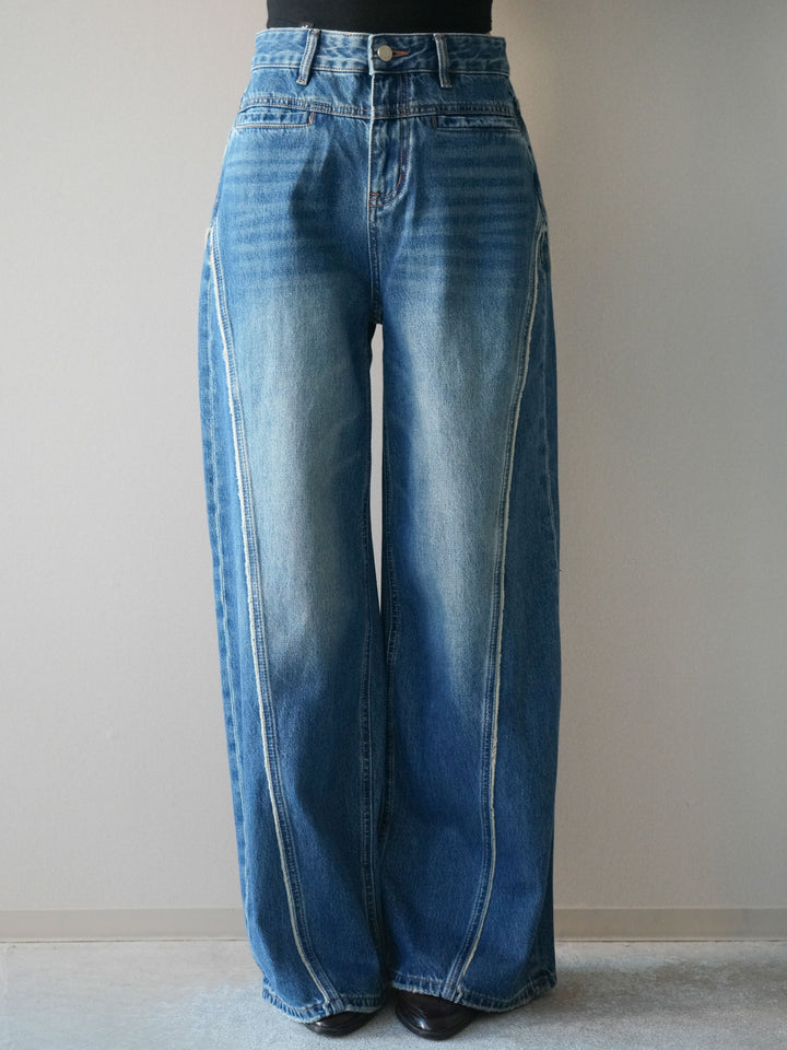 [予約]サイドフリンジワイドデニムパンツ/navy