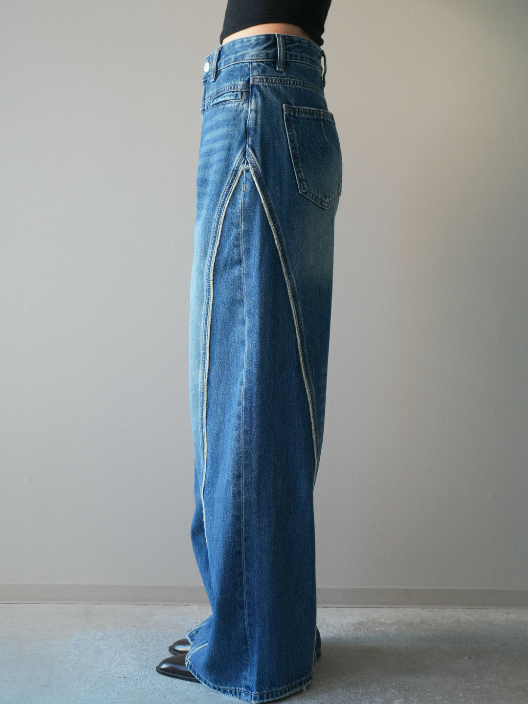 [予約]サイドフリンジワイドデニムパンツ/navy