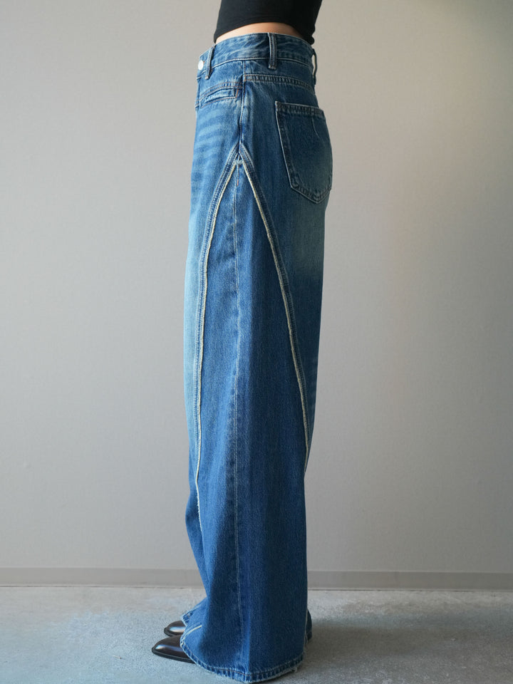 [予約]サイドフリンジワイドデニムパンツ/navy