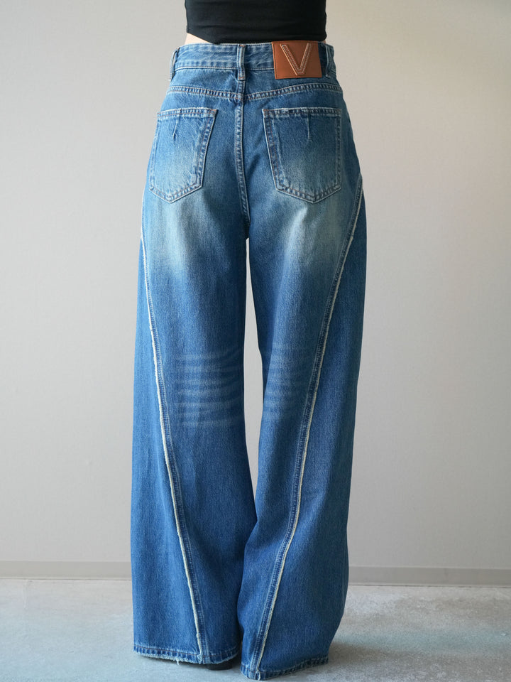 [予約]サイドフリンジワイドデニムパンツ/navy