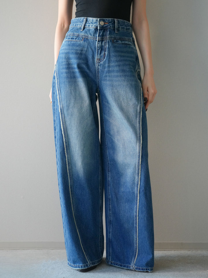 [予約]サイドフリンジワイドデニムパンツ/navy