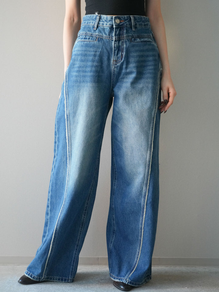 [予約]サイドフリンジワイドデニムパンツ/navy