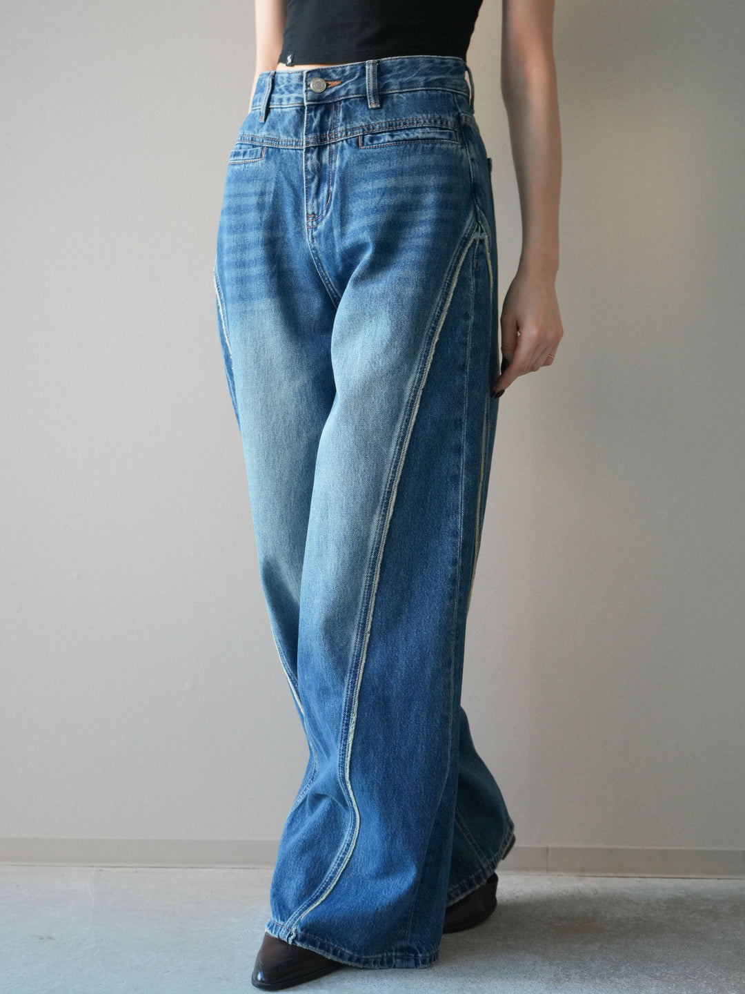 [予約]サイドフリンジワイドデニムパンツ/navy