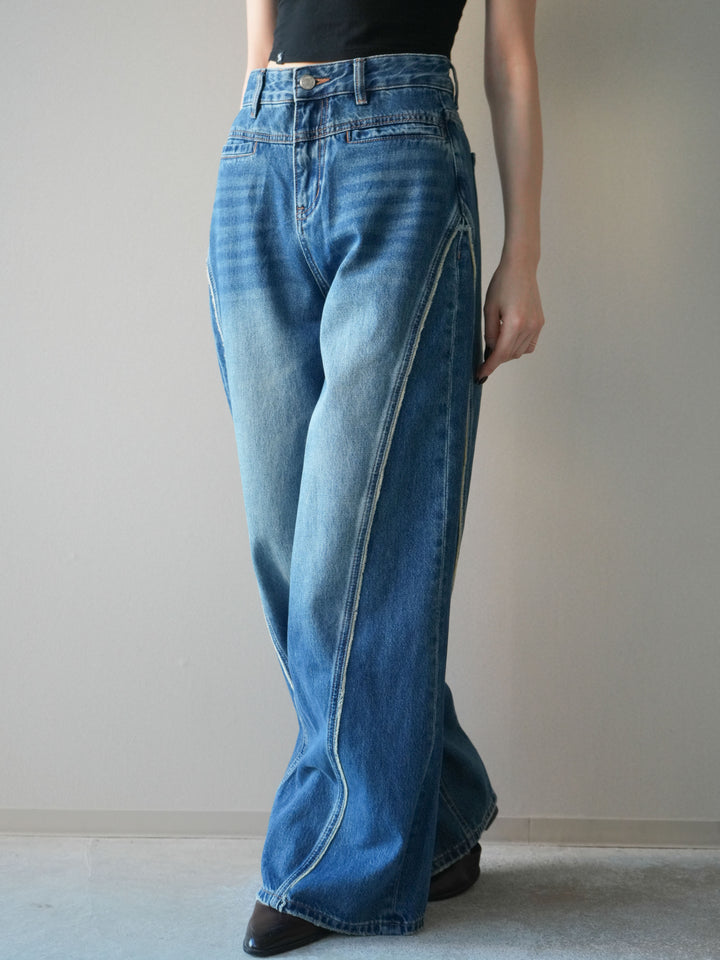 [予約]サイドフリンジワイドデニムパンツ/navy