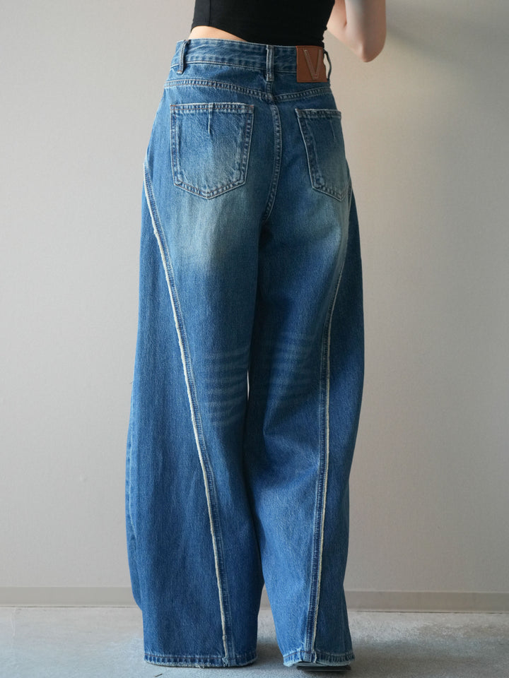 [予約]サイドフリンジワイドデニムパンツ/navy