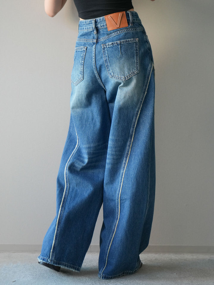 [予約]サイドフリンジワイドデニムパンツ/navy