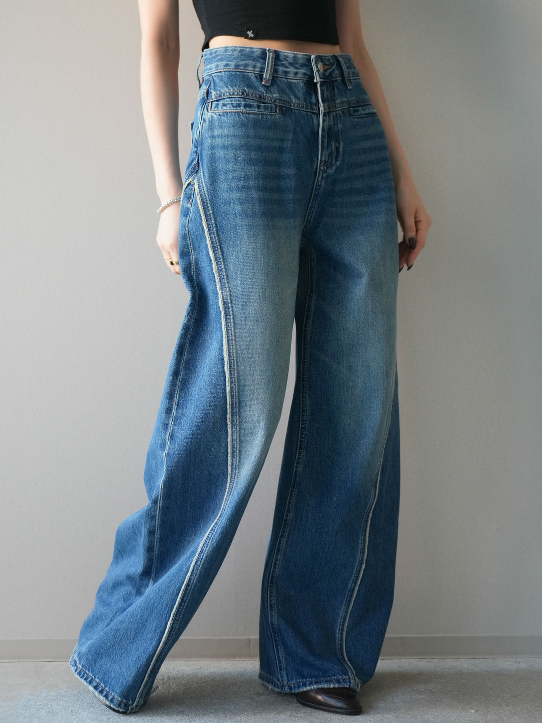 [予約]サイドフリンジワイドデニムパンツ/navy