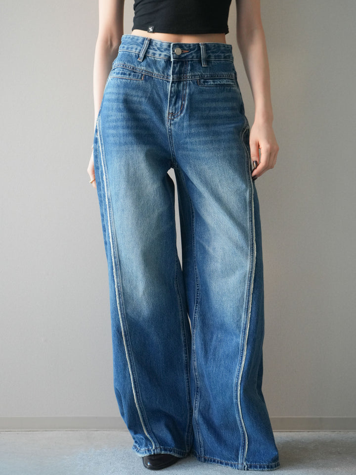 [予約]サイドフリンジワイドデニムパンツ/navy