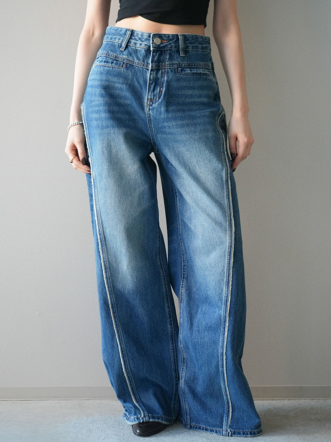 [予約]サイドフリンジワイドデニムパンツ/navy