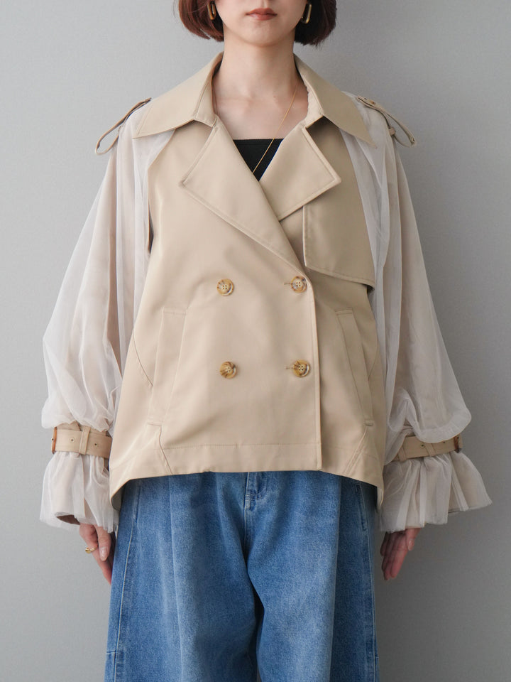 【預購】薄紗層疊蓬鬆袖短風衣/米色