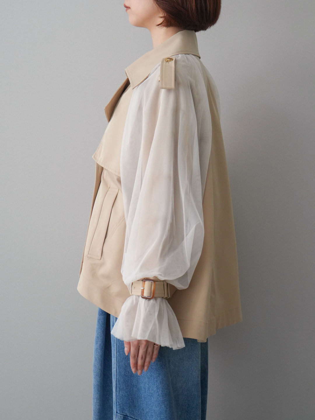 【預購】薄紗層疊蓬鬆袖短風衣/米色