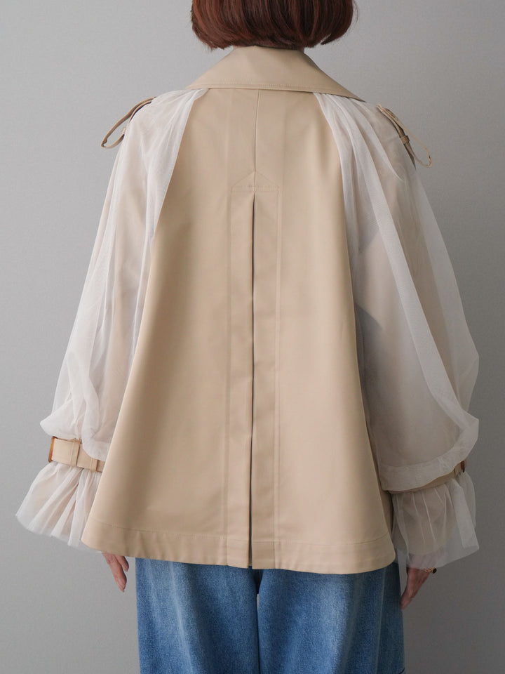 【預購】薄紗層疊蓬鬆袖短風衣/米色