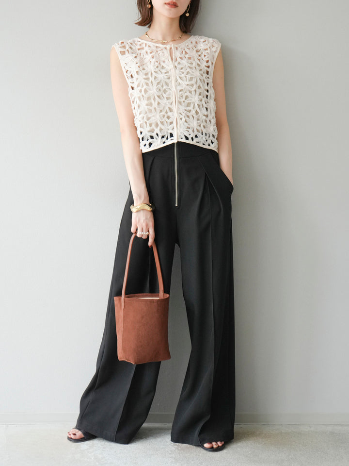 [SET]2WAYフラワーレーストップス+ジップタックワイドパンツ(2set)