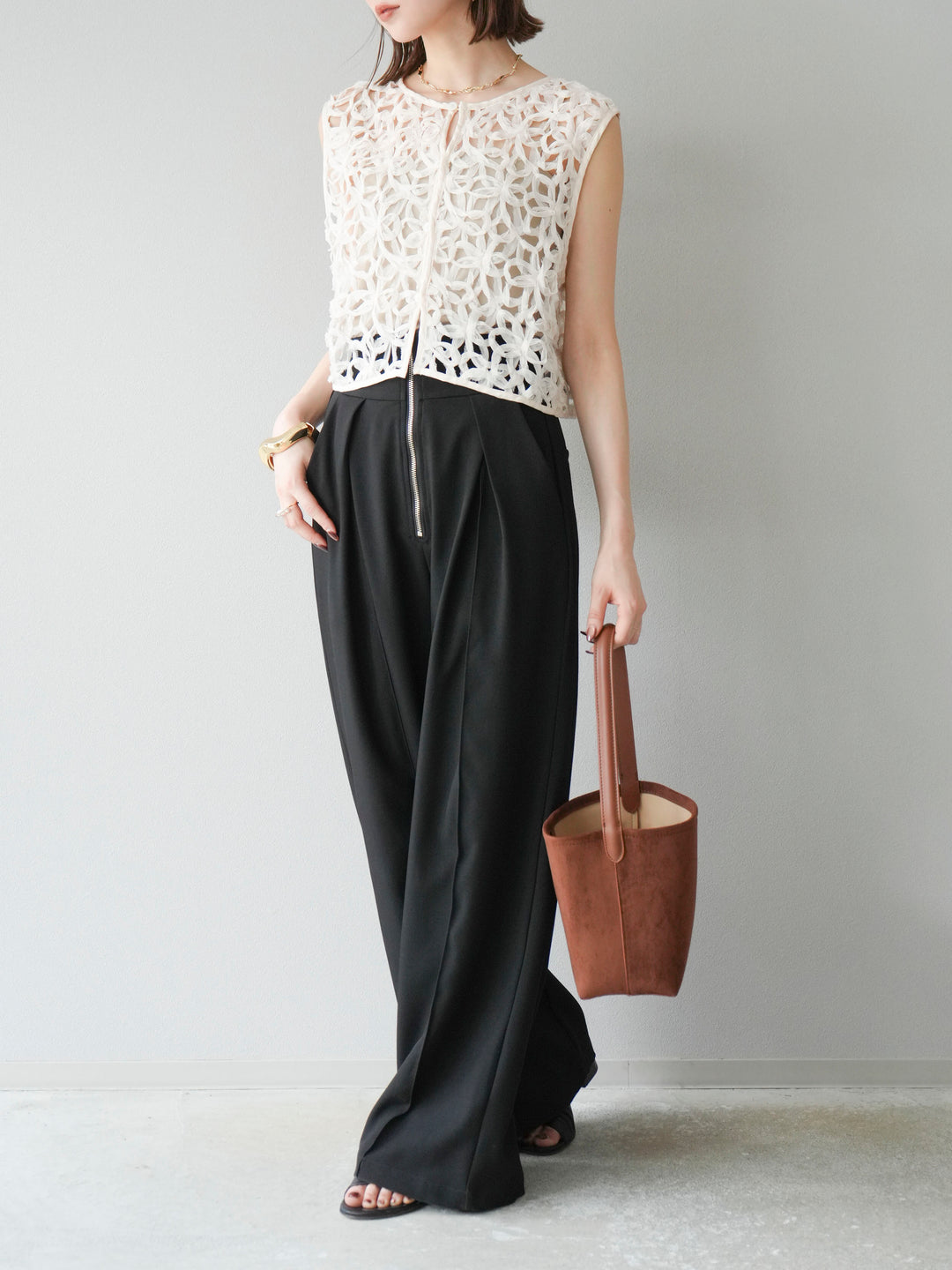 [SET]2WAYフラワーレーストップス+ジップタックワイドパンツ(2set)