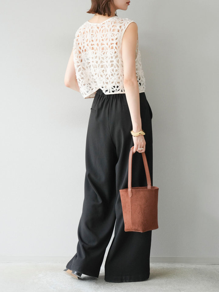 [SET]2WAYフラワーレーストップス+ジップタックワイドパンツ(2set)