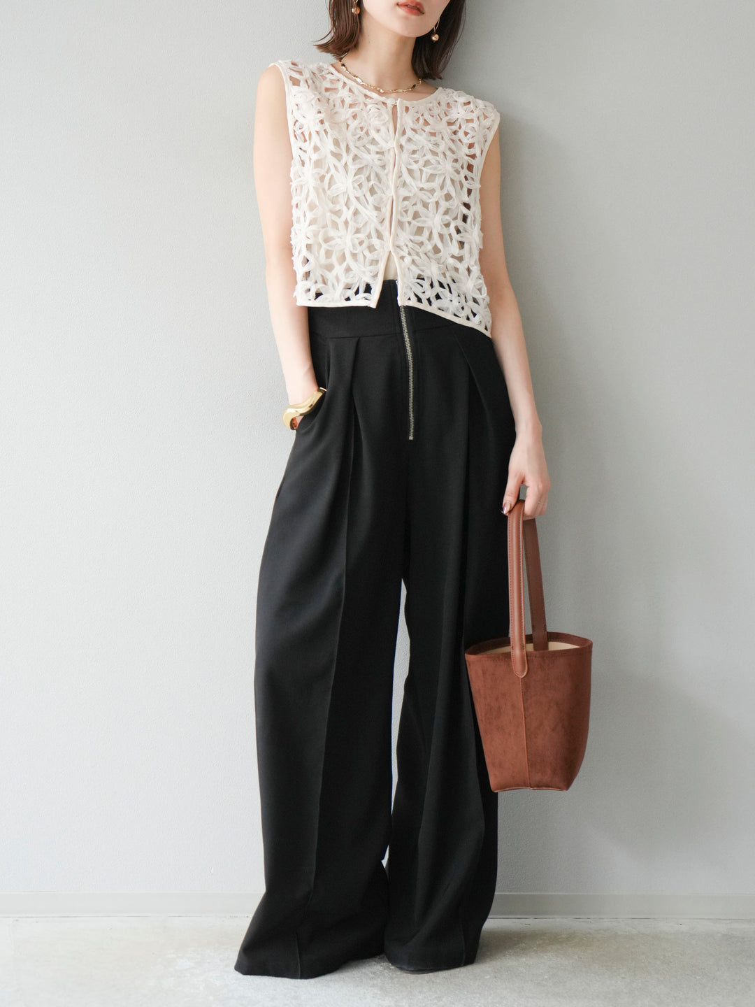 [SET]2WAYフラワーレーストップス+ジップタックワイドパンツ(2set)