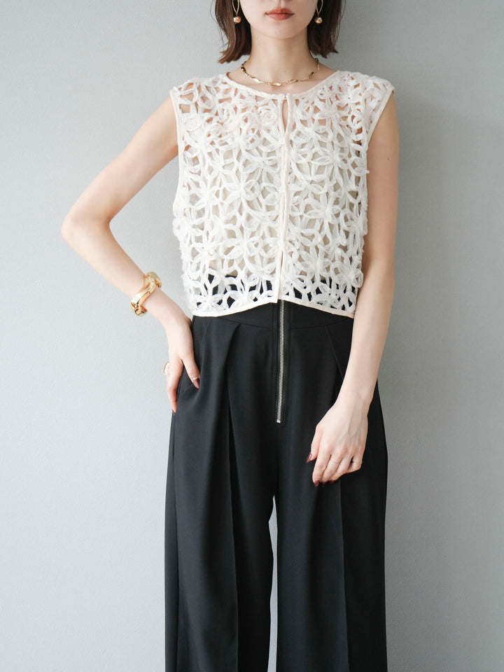 [SET]2WAYフラワーレーストップス+ジップタックワイドパンツ(2set)