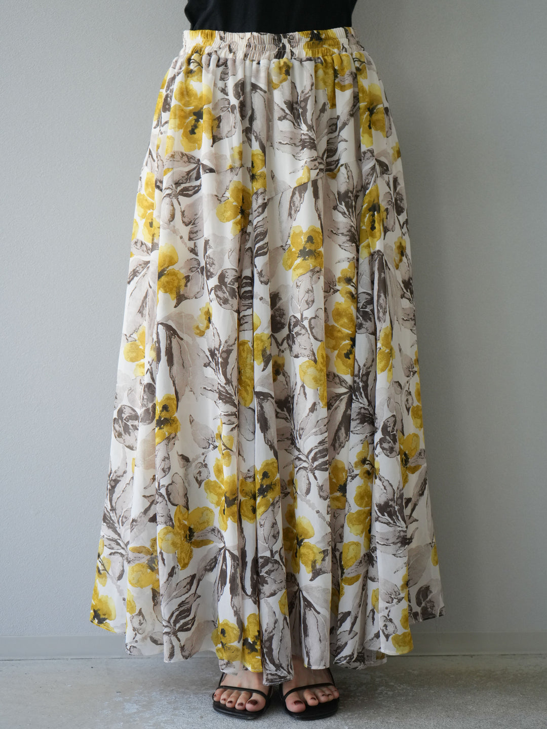 [予約]フラワープリントボリュームフレアスカート/イエロー