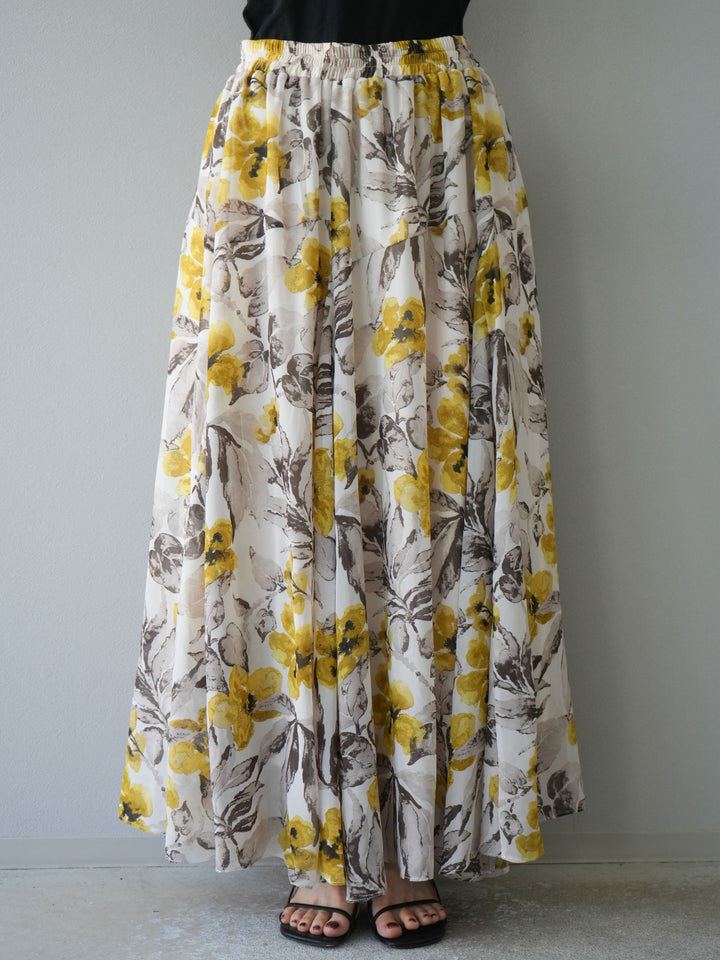 [予約]フラワープリントボリュームフレアスカート/イエロー
