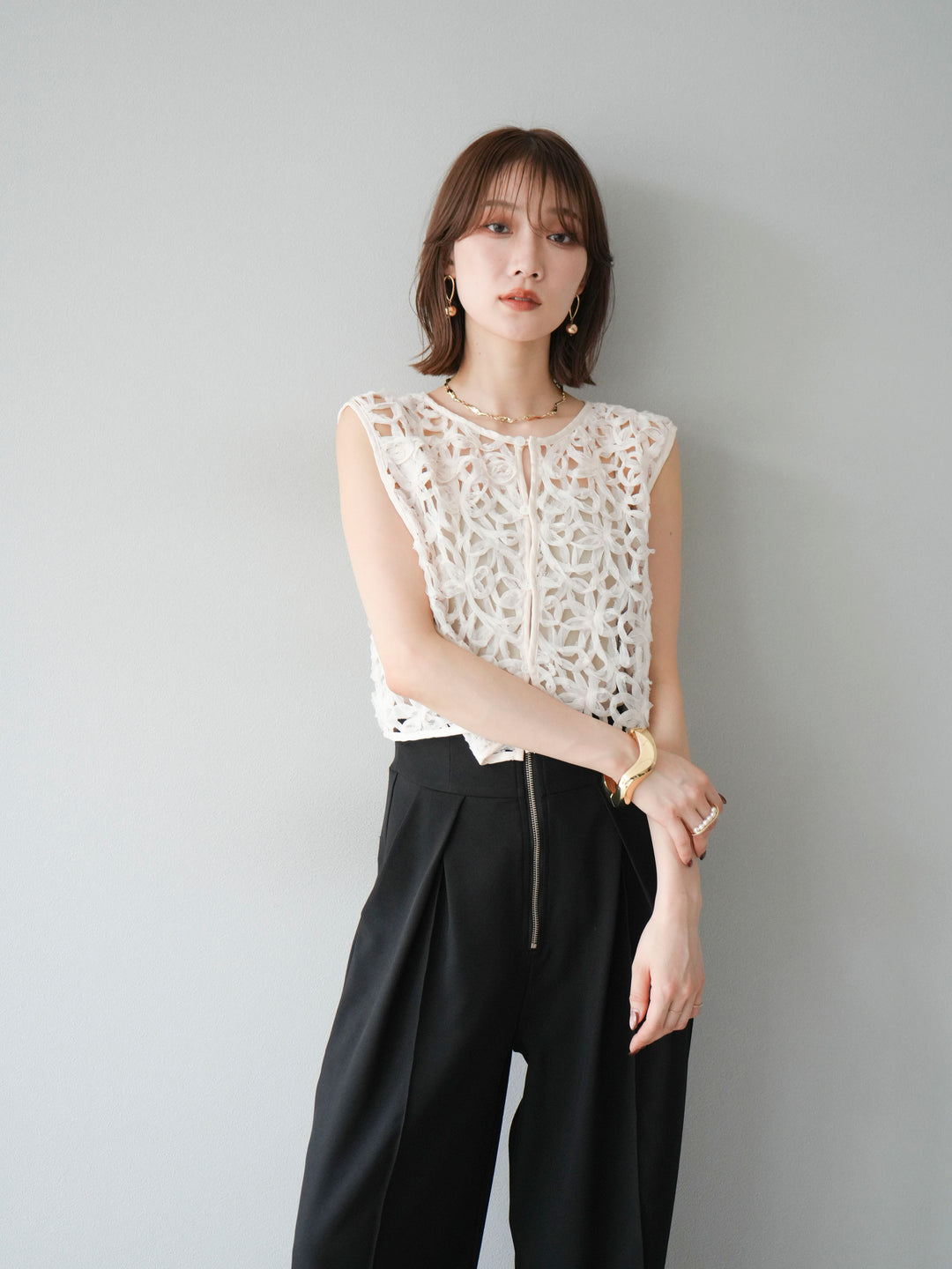 [SET]2WAYフラワーレーストップス+ジップタックワイドパンツ(2set)