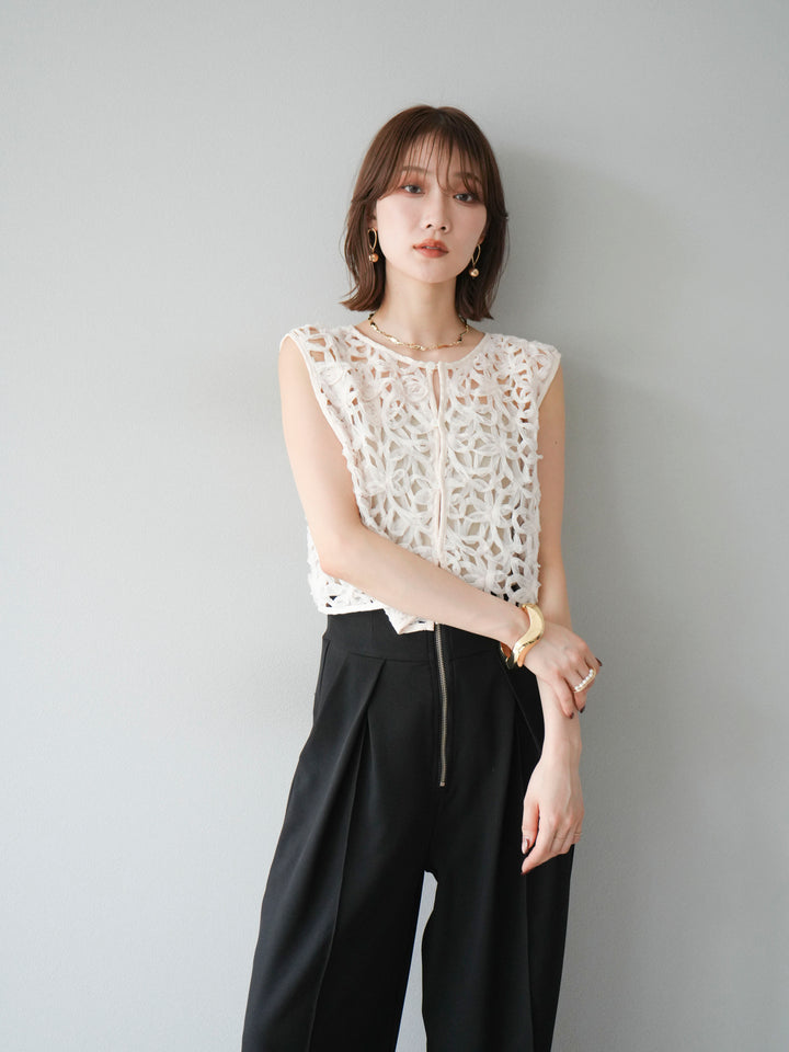 [SET]2WAYフラワーレーストップス+ジップタックワイドパンツ(2set)