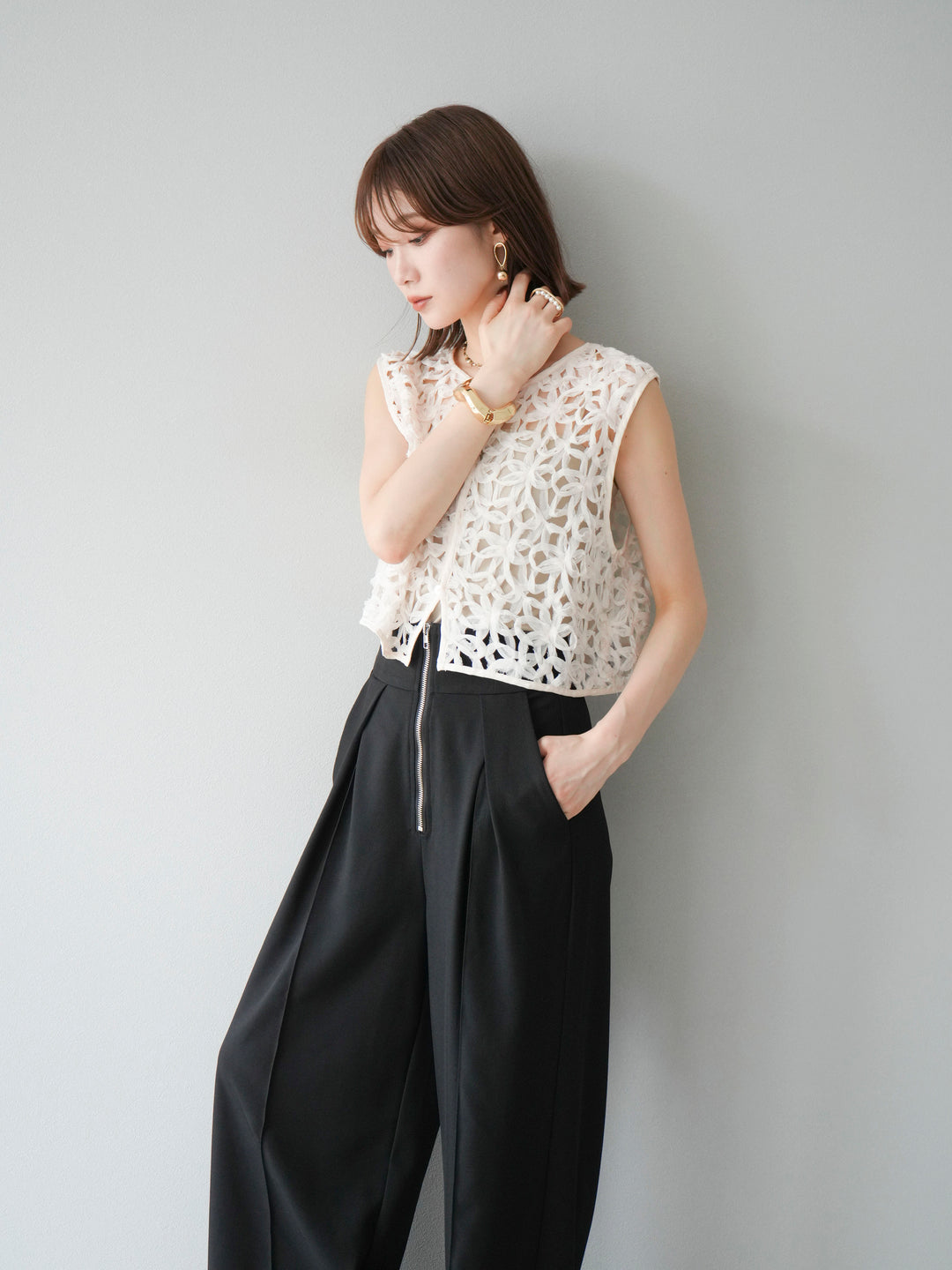 [SET]2WAYフラワーレーストップス+ジップタックワイドパンツ(2set)