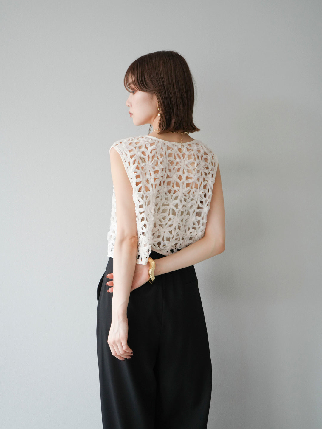 [SET]2WAYフラワーレーストップス+ジップタックワイドパンツ(2set)