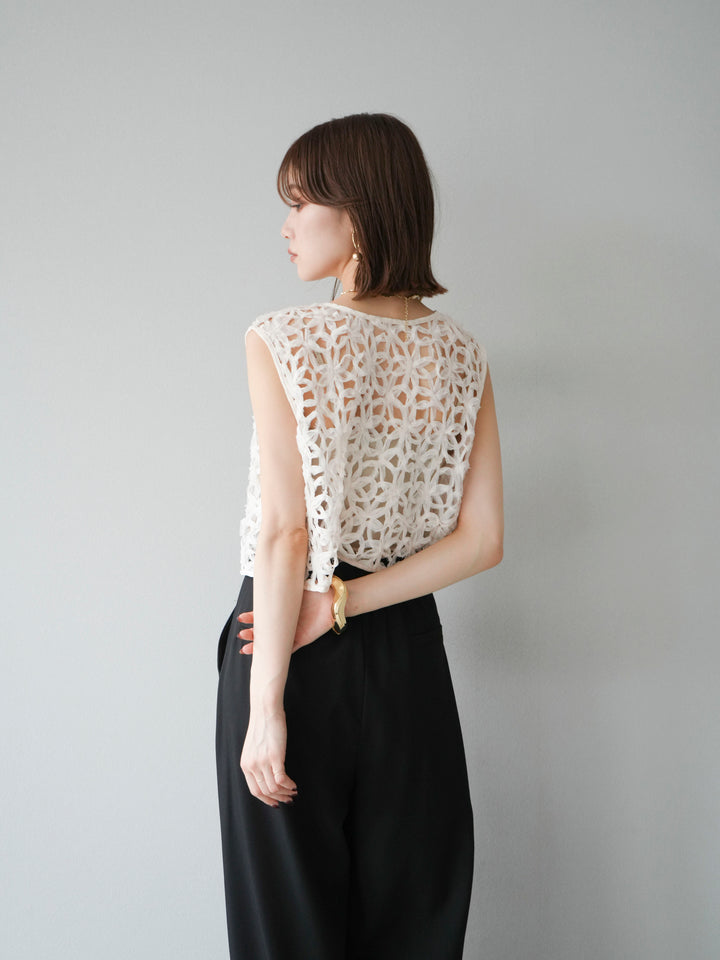 [SET]2WAYフラワーレーストップス+ジップタックワイドパンツ(2set)