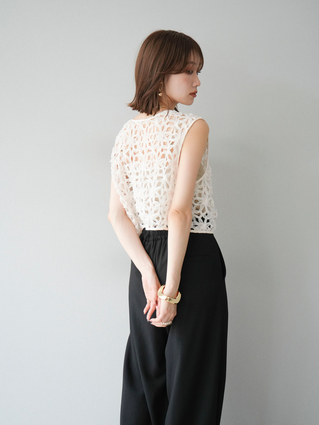 [SET]2WAYフラワーレーストップス+ジップタックワイドパンツ(2set)