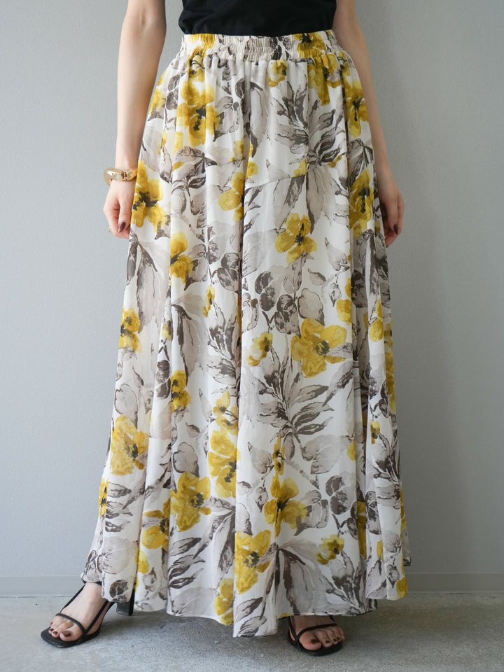 [予約]フラワープリントボリュームフレアスカート/イエロー