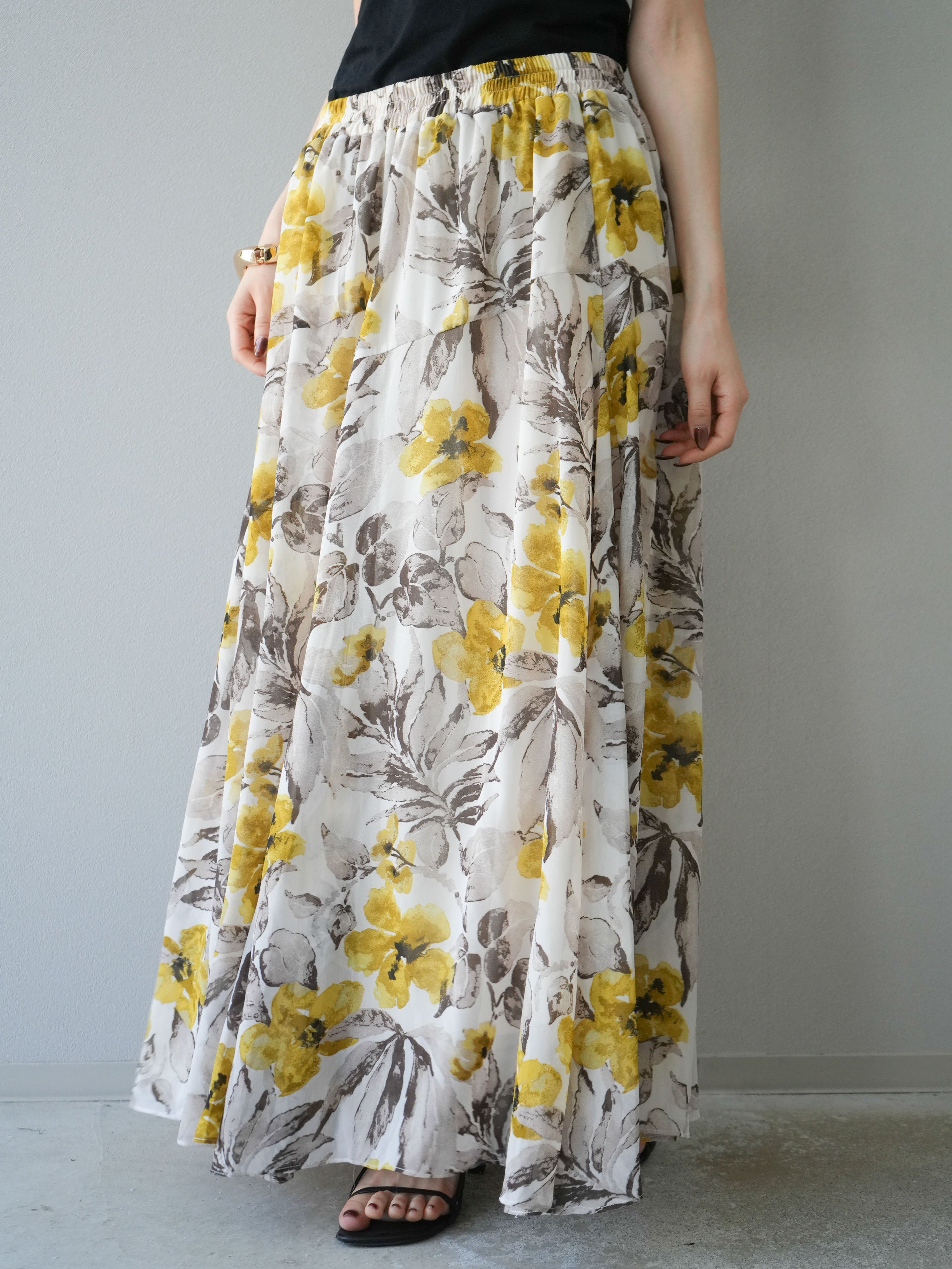 予約]フラワープリントボリュームフレアスカート/イエロー – Lumier