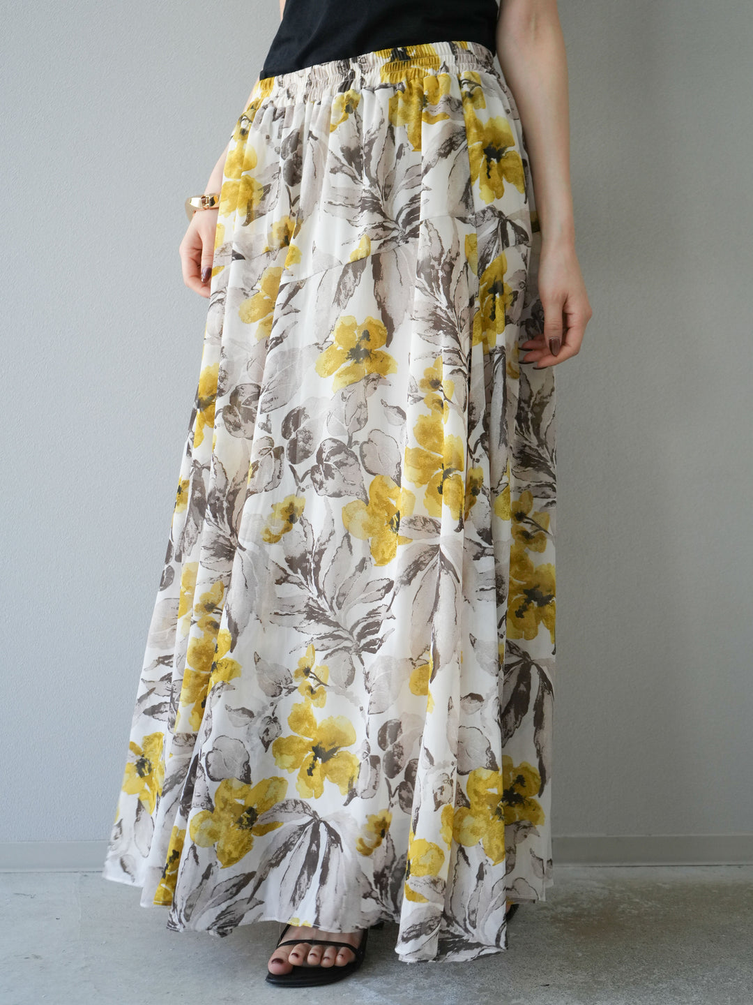 [予約]フラワープリントボリュームフレアスカート/イエロー