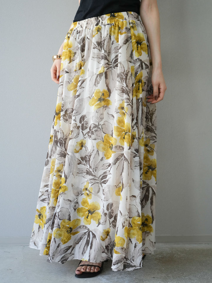 [予約]フラワープリントボリュームフレアスカート/イエロー