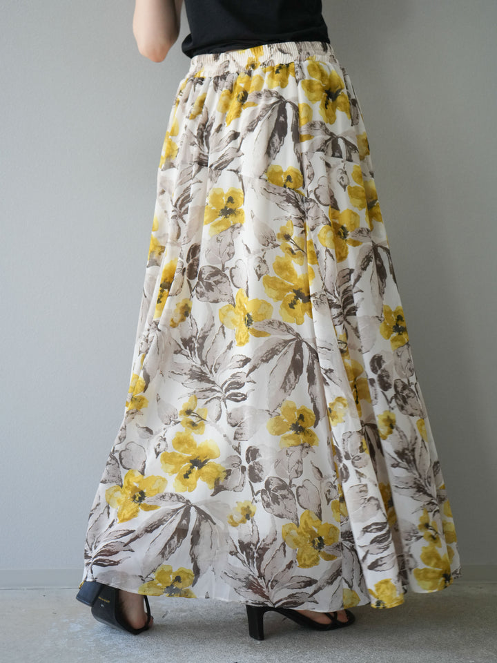 [予約]フラワープリントボリュームフレアスカート/イエロー