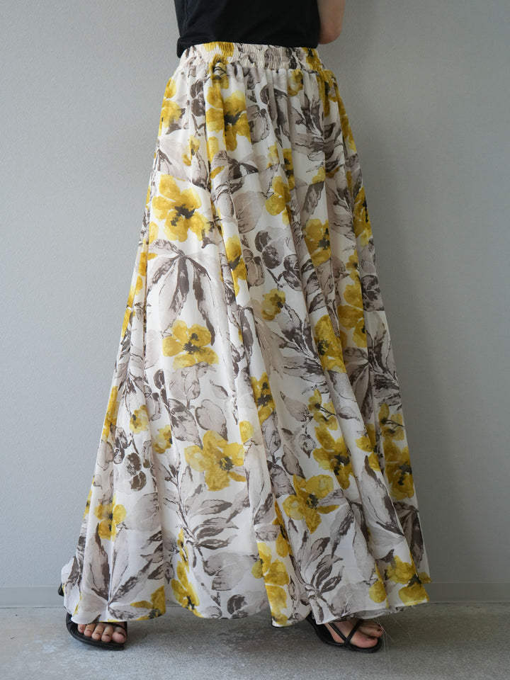 [予約]フラワープリントボリュームフレアスカート/イエロー
