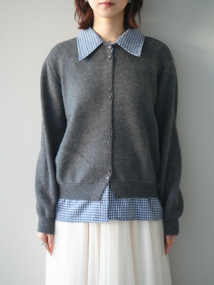 [予約]チェックシャツ襟ニットカーディガン/darkgray