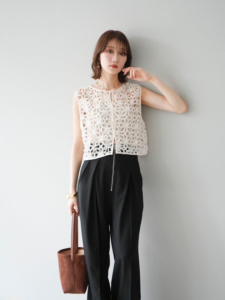 [SET]2WAYフラワーレーストップス+ジップタックワイドパンツ(2set)