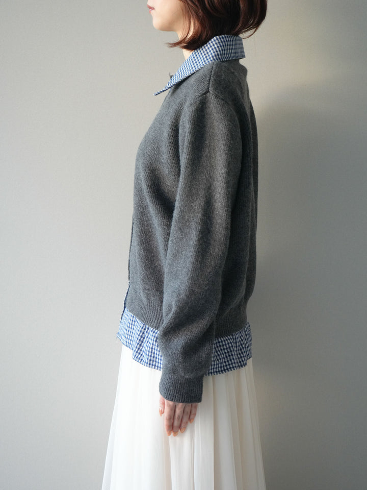 [予約]チェックシャツ襟ニットカーディガン/darkgray
