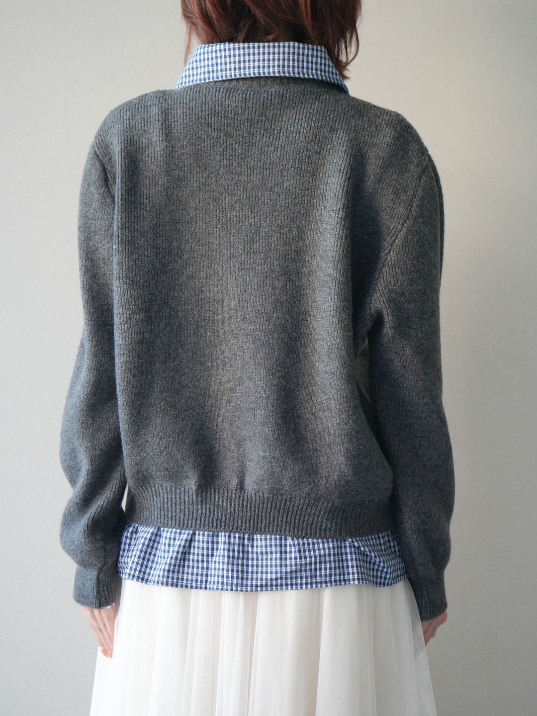 [予約]チェックシャツ襟ニットカーディガン/darkgray
