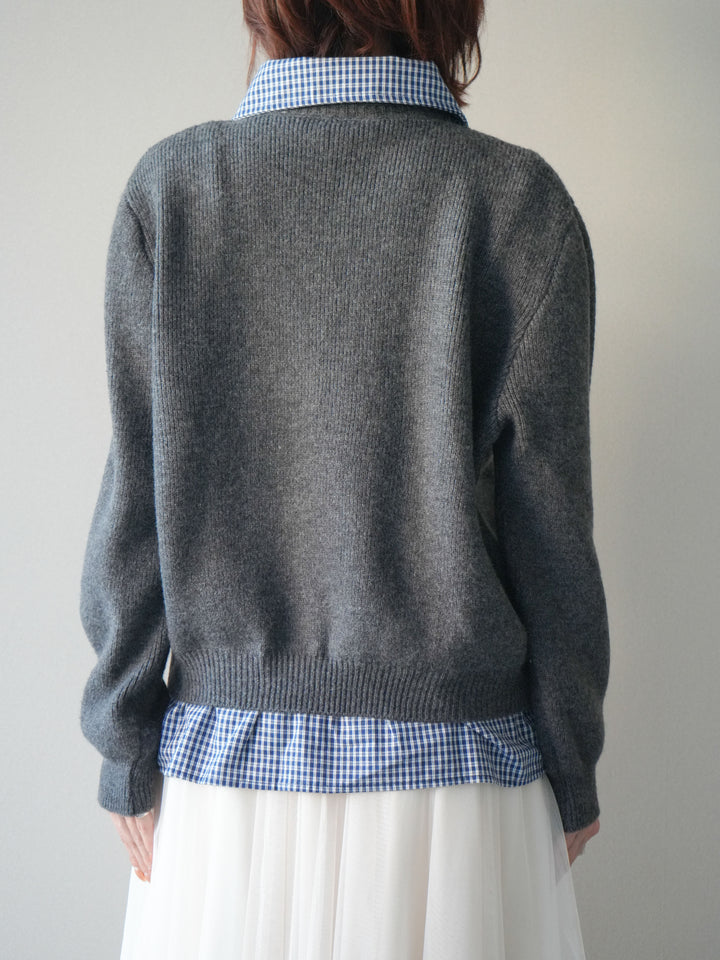 [予約]チェックシャツ襟ニットカーディガン/darkgray