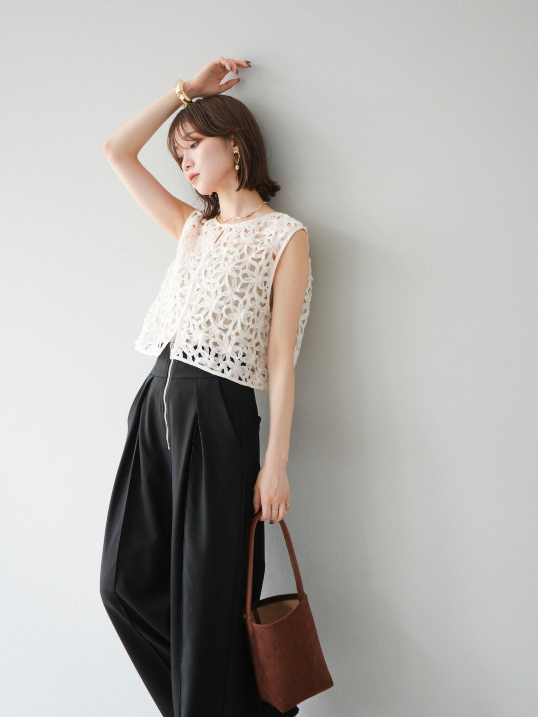 [SET]2WAYフラワーレーストップス+ジップタックワイドパンツ(2set)